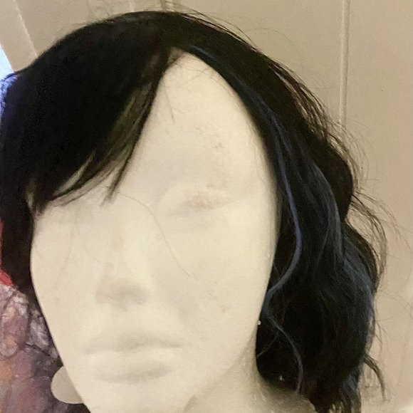 Women 14 Inches Black Mixed Blue Synthetic Short Curly Wigs with Bangs - Picture 9 of 15